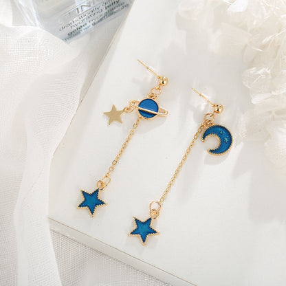 Blue Enamel and 18K Gold-Plated Star Planet Drop Earrings, gold drop earrings for women, lifestyle look