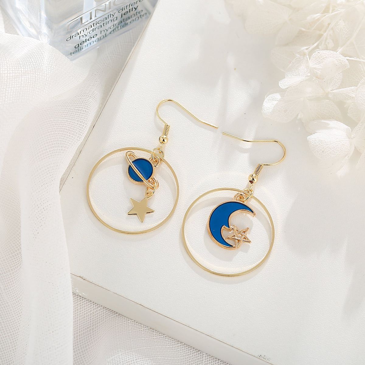 Blue Enamel and 18K Gold-Plated Celestial Drop Hoop Earrings, gold drop earrings for women, front view