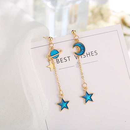 Blue Enamel and 18K Gold-Plated Star Planet Drop Earrings, gold drop earrings for women, styled look