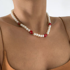 Red Acrylic & Pearl Strawberry Beaded Choker Necklace