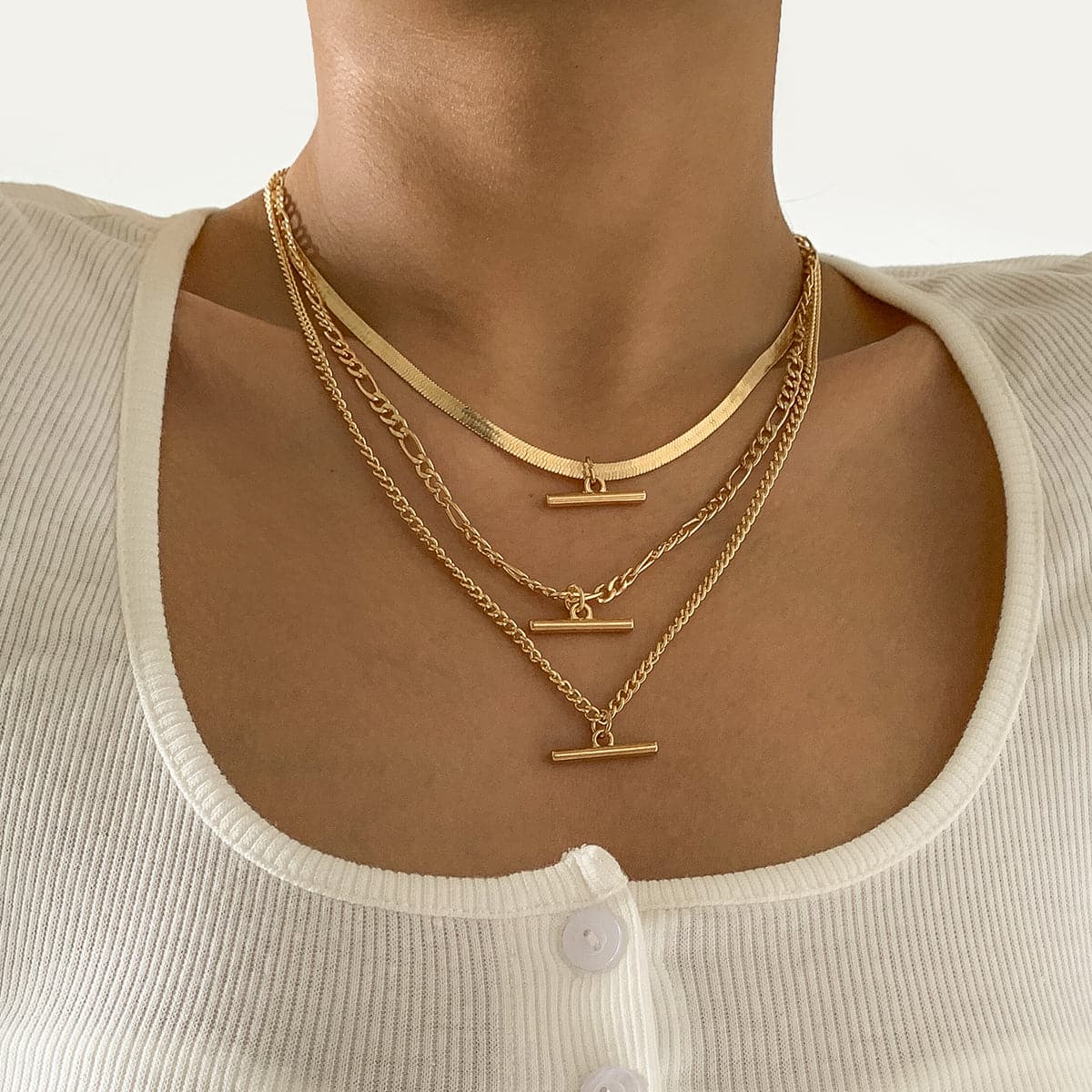 18K Gold-Plated Snake Chain Bar Pendant Necklace Set, jewelry gift sets for women, elegant gift for her, front view