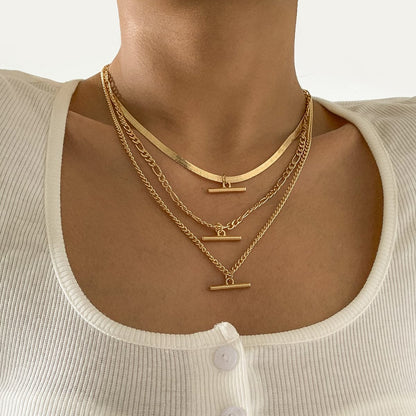 18K Gold-Plated Snake Chain Bar Pendant Necklace Set, jewelry gift sets for women, elegant gift for her, front view