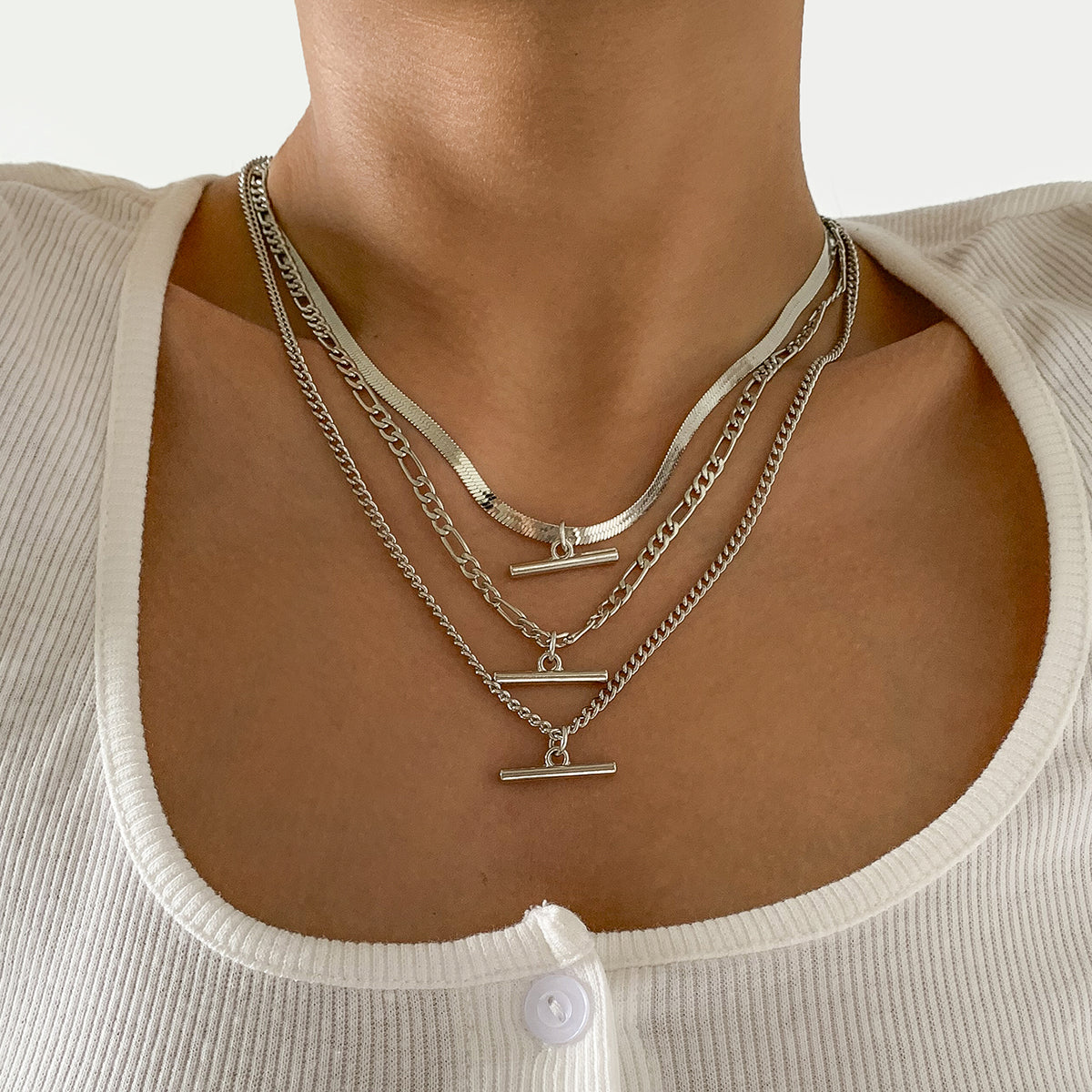Silver-Plated Snake Chain Bar Pendant Necklace Set