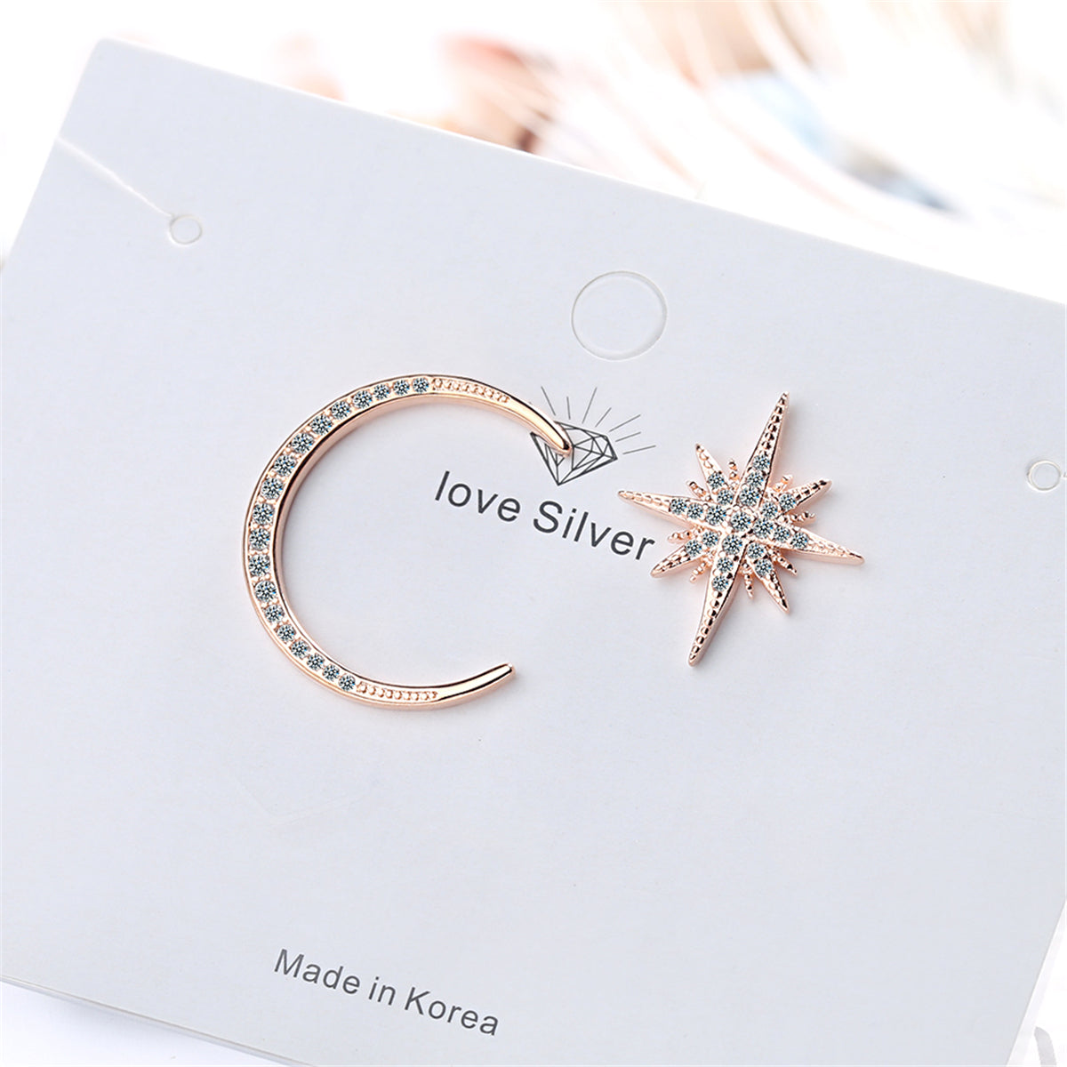 18K Rose Gold-Plated Moon and Star Stud Earrings, rose gold stud earrings for women, botanical inspired, detail close-up