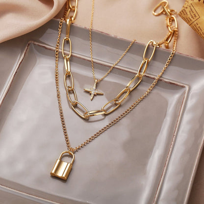 Cubic Zirconia and 18K Gold-Plated Star Lock Layered Pendant Necklace, gold pendant necklace for women, side view