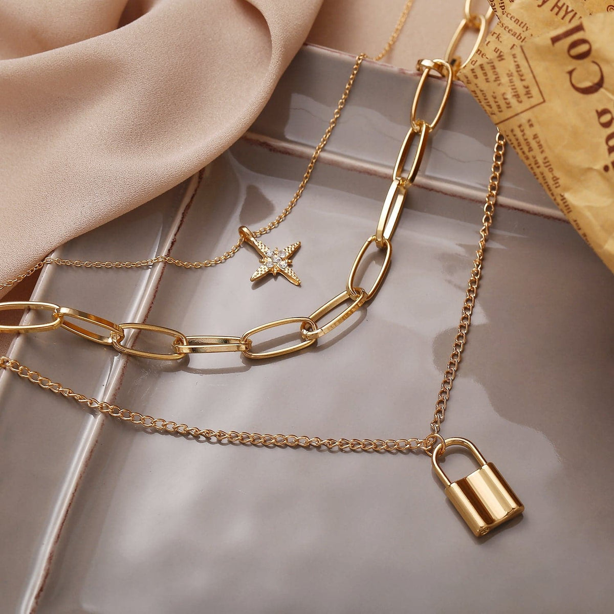 Cubic Zirconia and 18K Gold-Plated Star Lock Layered Pendant Necklace, gold pendant necklace for women, detail close-up