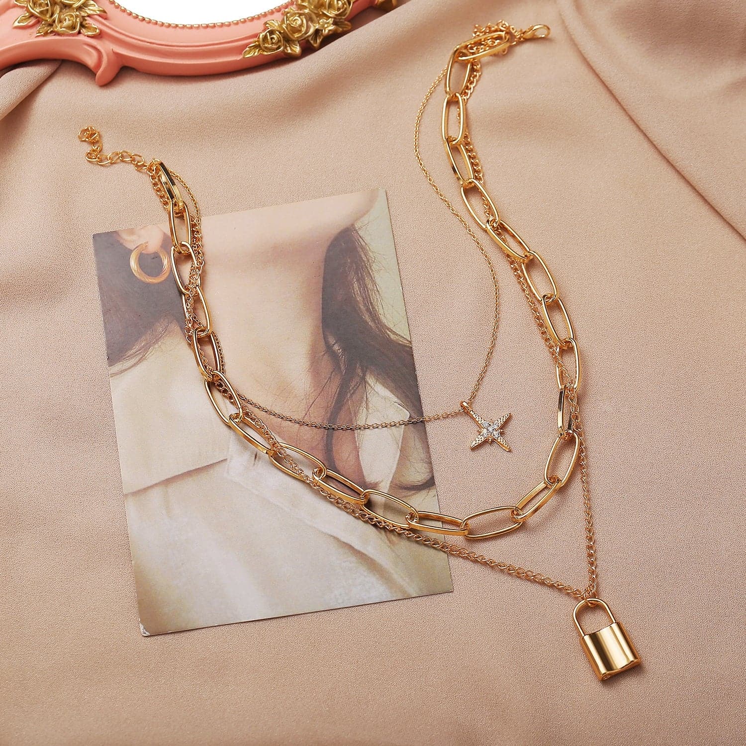 Cubic Zirconia & 18K Gold-Plated Star Lock Layered Pendant Necklace