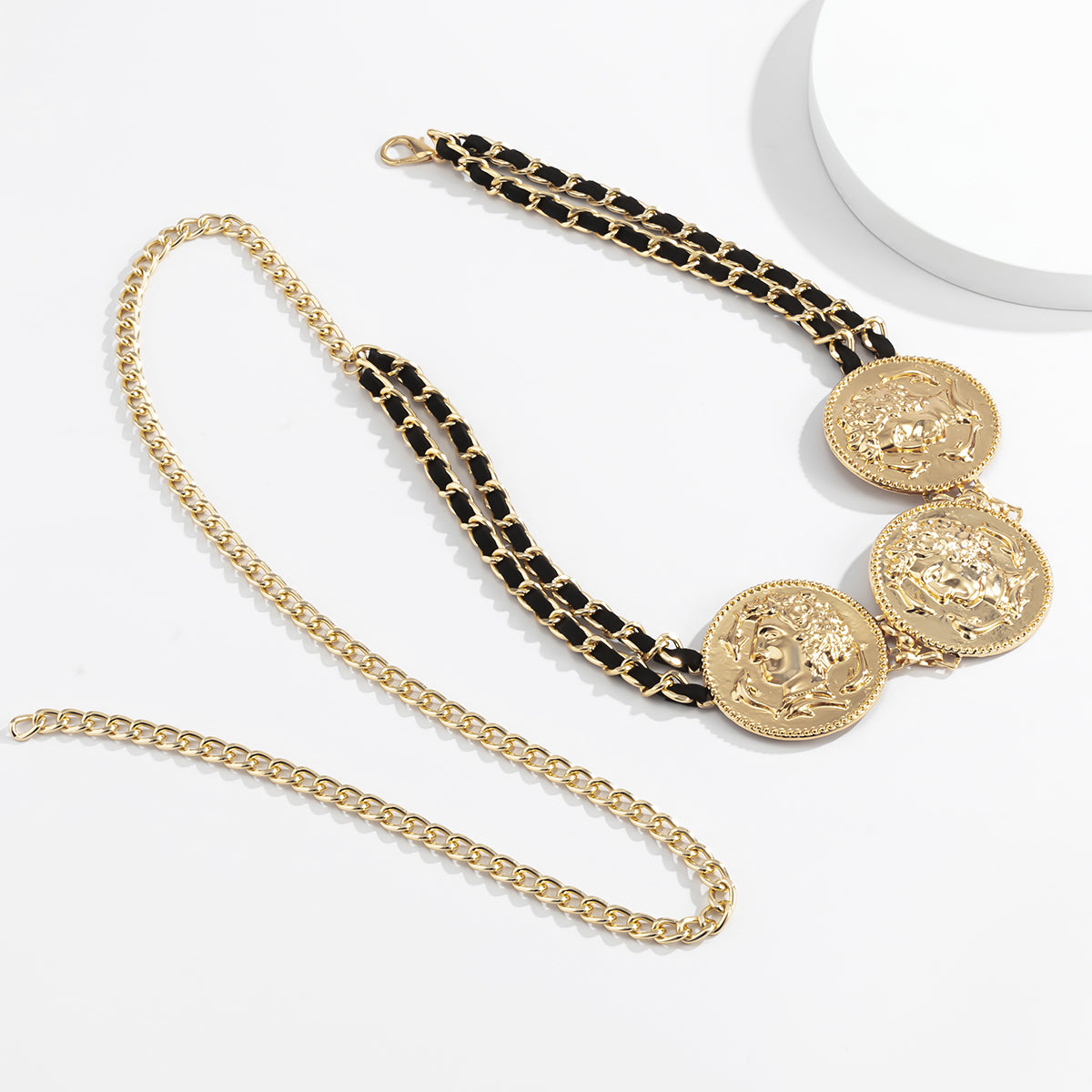 Black & 18K Gold-Plated Portrait Coin Waist Chain