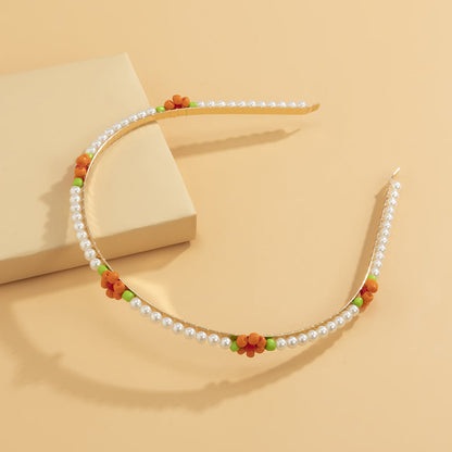 Orange Howlite and Pearl Mum Station Headband, dainty minimalist design, side view
