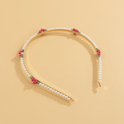 Rose Howlite and Pearl 18K Gold-Plated Floral Station Headband, botanical inspired, detail close-up