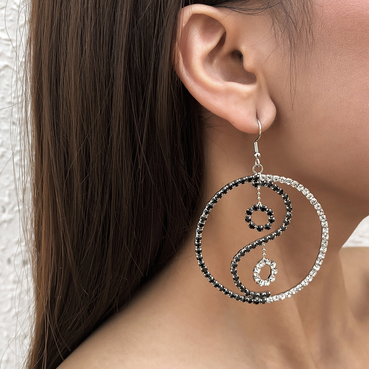 Cubic Zirconia and Silver-Plated Open Yin Yang Drop Earrings, silver drop earrings for women, botanical inspired, styled look