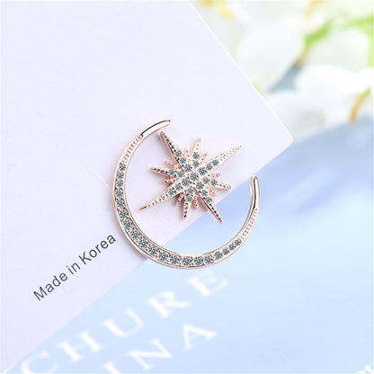 18K Rose Gold-Plated Moon and Star Stud Earrings, rose gold stud earrings for women, botanical inspired, front view