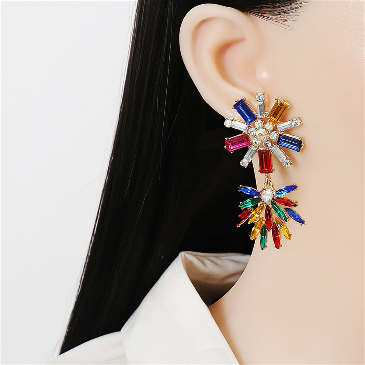 Blue Crystal & Cubic Zirconia Floral Drop Earrings