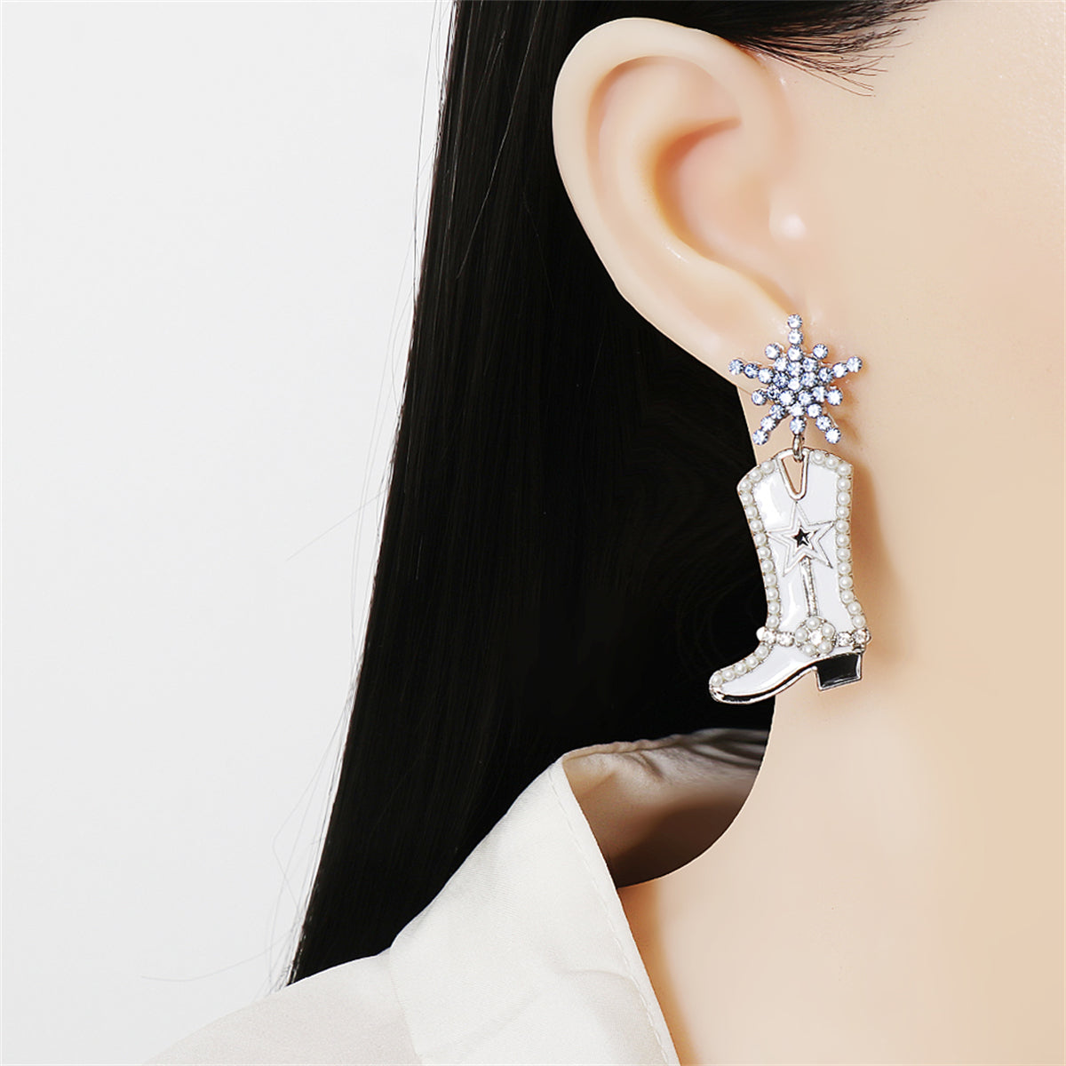 Blue Cubic Zirconia and Pearl Silver-Plated Cowboy Boot Drop Earrings, silver drop earrings for women, detail close-up