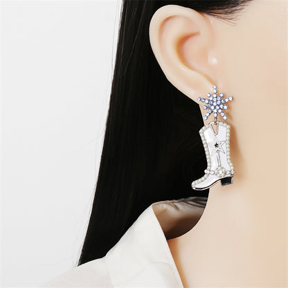 Blue Cubic Zirconia and Pearl Silver-Plated Cowboy Boot Drop Earrings, silver drop earrings for women, detail close-up