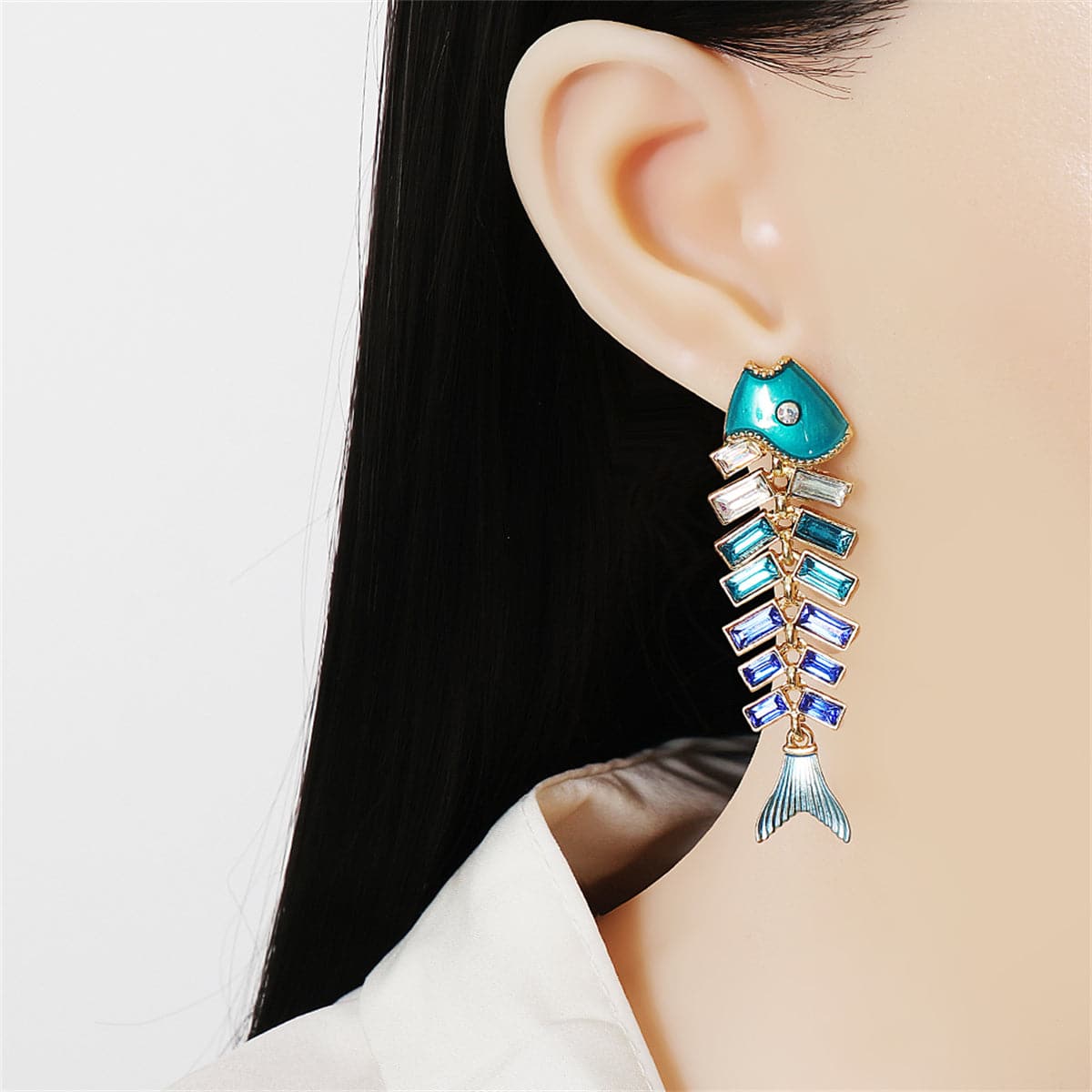 Blue Enamel and Crystal Fish Bone Drop Earrings, drop earrings for women, vintage-inspired design, front view