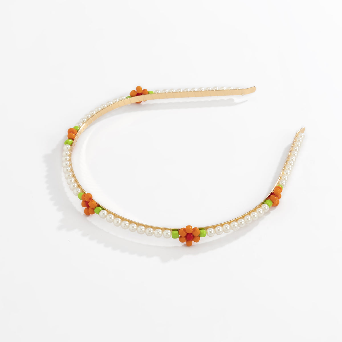 Orange Howlite and Pearl Mum Station Headband, dainty minimalist design, styled look