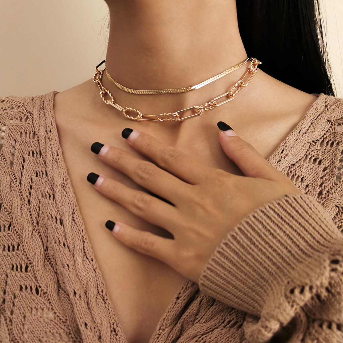 18K Gold-Plated Herringbone Cable Chain Choker Set, jewelry gift sets for women, everyday style, detail close-up