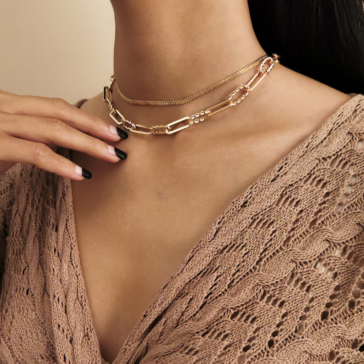 18K Gold-Plated Herringbone Cable Chain Choker Set, jewelry gift sets for women, everyday style, lifestyle look