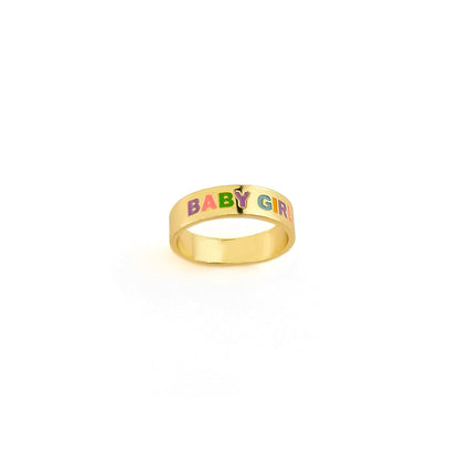 Enamel and 18K Gold-Plated 'Baby Girl' Ring, gold statement rings for women, elegant gift for her, lifestyle look