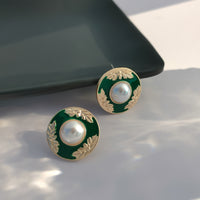 Green Enamel & Pearl Flower Round Stud Earrings