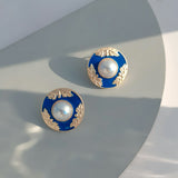 Blue Enamel & Pearl Flower Round Stud Earrings