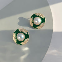 Green Enamel & Pearl Flower Round Stud Earrings