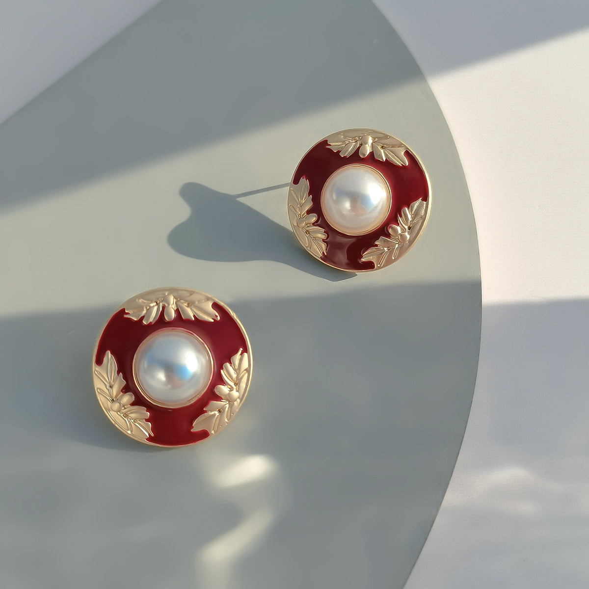 Red Enamel & Pearl Flower Round Stud Earrings