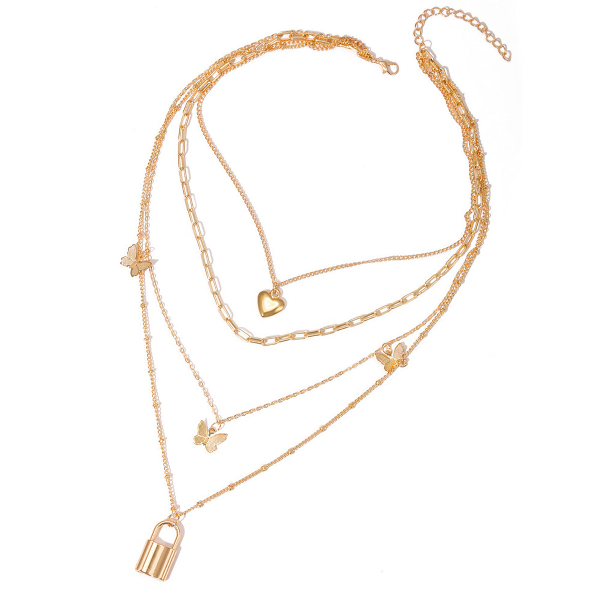 18K Gold-Plated Heart Butterfly Lock Layered Pendant Necklace, gold pendant necklace for women, detail close-up
