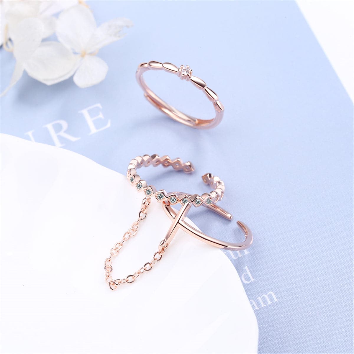 Cubic Zirconia & 18K Rose Gold-Plated Linked Adjustable Ring Set