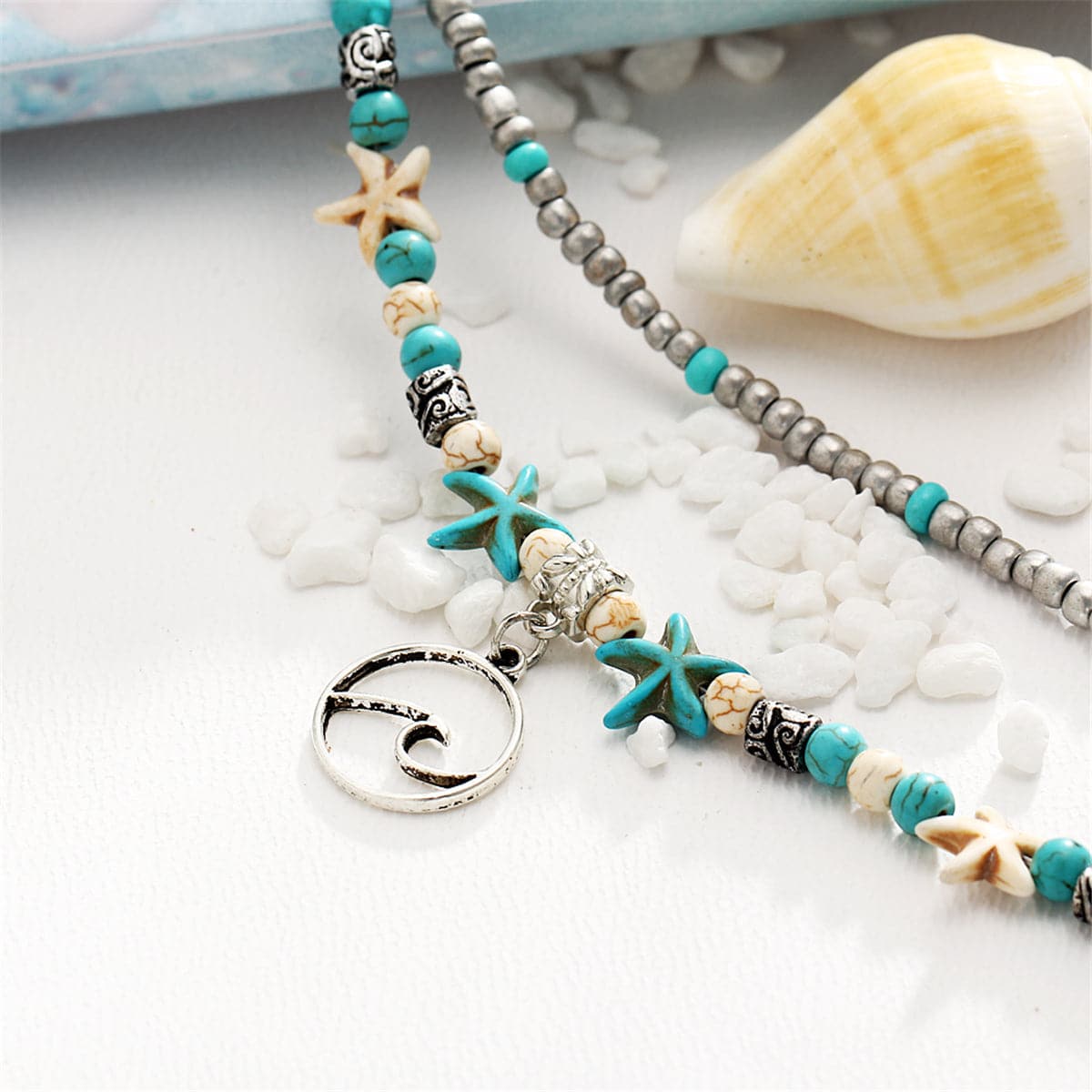 Turquoise & Silver-Plated Beaded Wave Layered Anklet