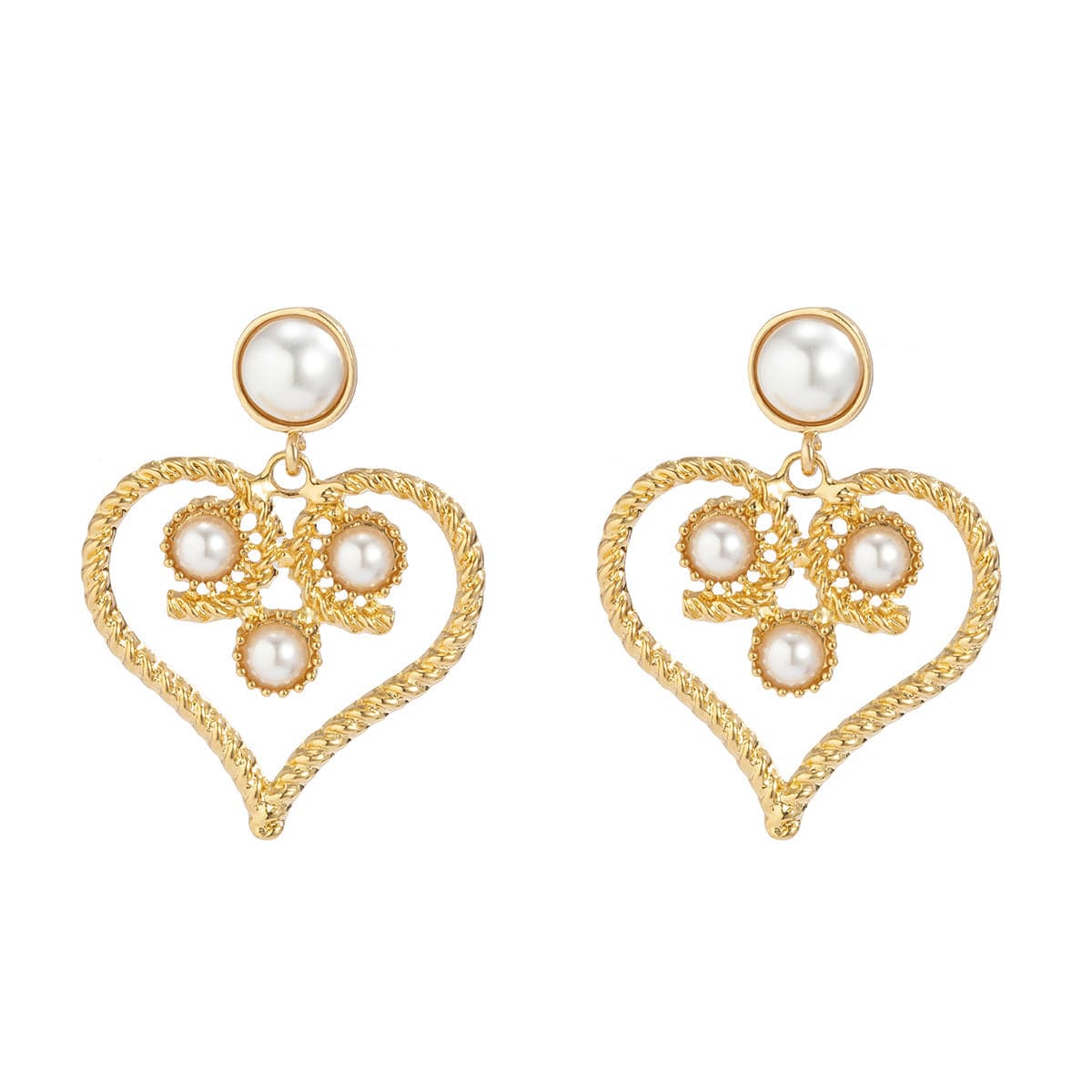Pearl and 18K Gold-Plated Openwork Twist Heart Drop Earrings, gold drop earrings for women, everyday style, detail close-up