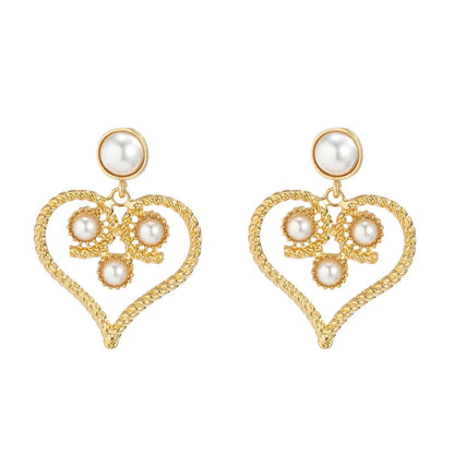 Pearl and 18K Gold-Plated Openwork Twist Heart Drop Earrings, gold drop earrings for women, everyday style, detail close-up