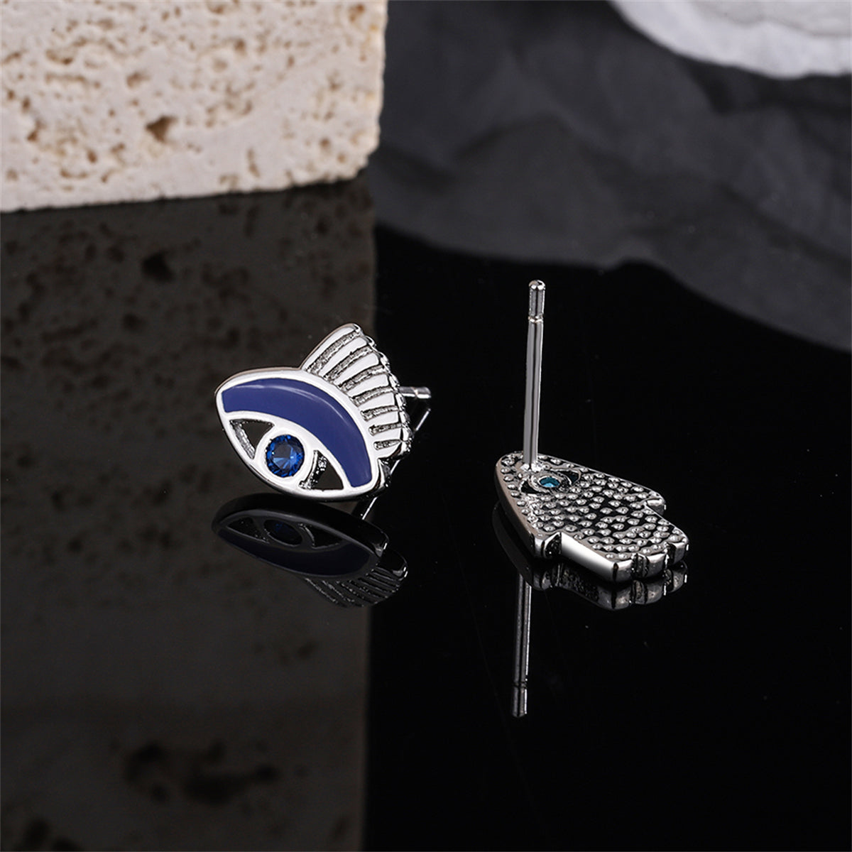 Cubic Zirconia and Silver-Plated Hamsa Eye Stud Earrings, silver stud earrings for women, vintage-inspired design, side view