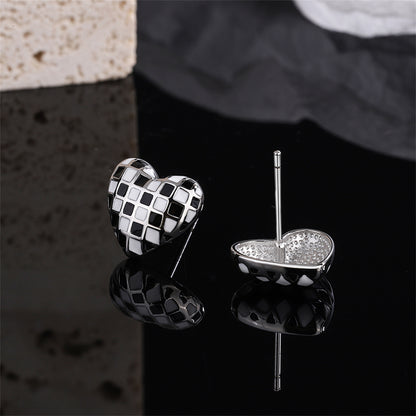 Black and White Checkerboard Heart Stud Earrings, stud earrings for women, dainty minimalist design, side view