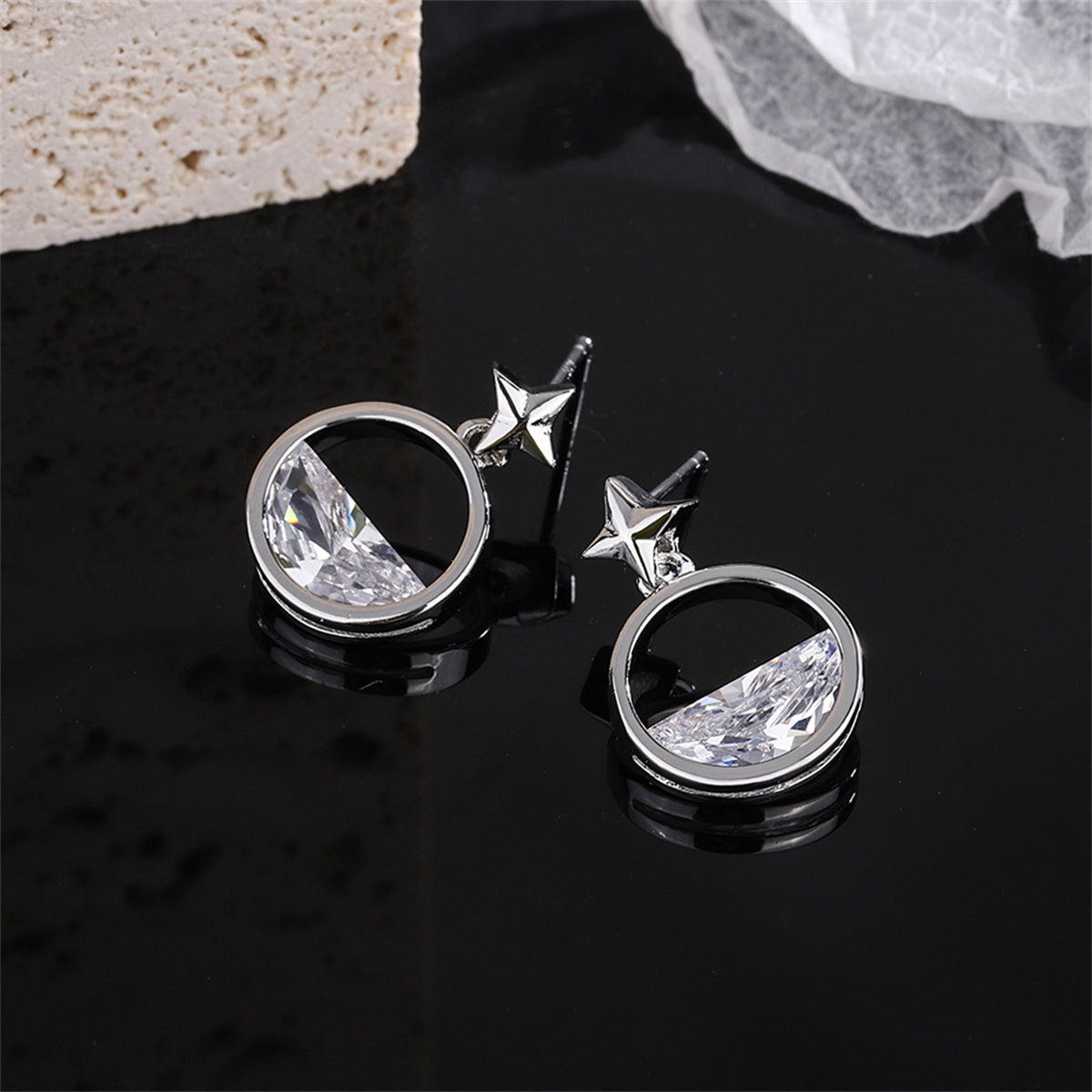 Crystal and Silver-Plated Star Dangle Earring, silver stud earrings for women, everyday style, side view