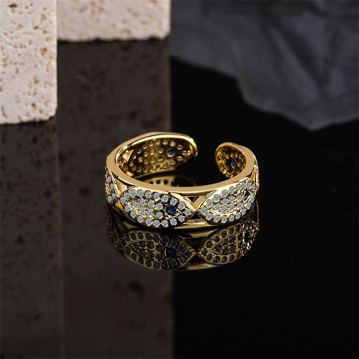 Cubic Zirconia and 18K Gold-Plated Eye Open Band Ring, gold statement rings for women, elegant gift for her, side view