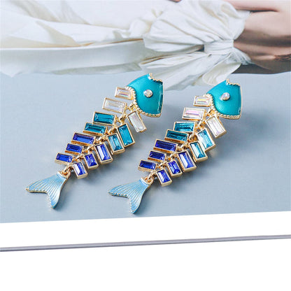 Blue Enamel and Crystal Fish Bone Drop Earrings, drop earrings for women, vintage-inspired design, lifestyle look