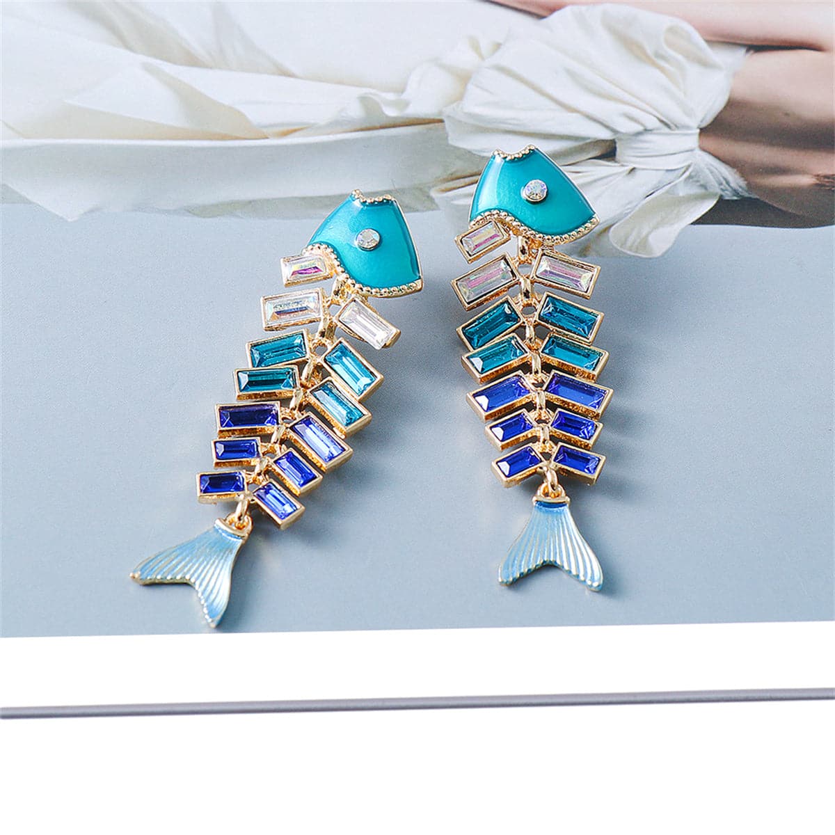 Blue Enamel & Crystal Fish Bone Drop Earrings