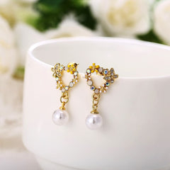 Pearl & Cubic Zirconia Enamel 18K Gold-Plated Butterfly Drop Earrings
