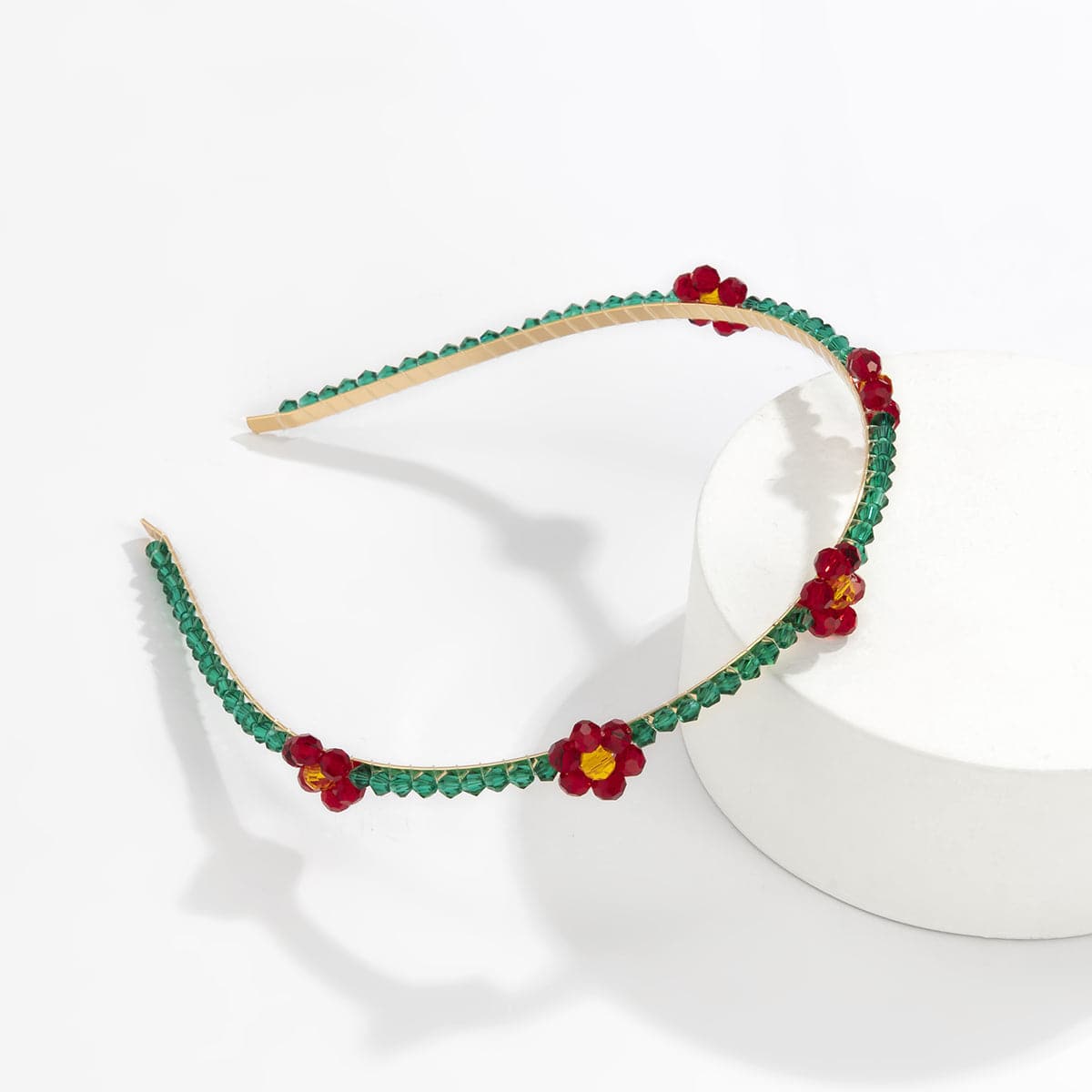Green and Red Acrylic 18K Gold-Plated Floral Station Headband, everyday style, front view