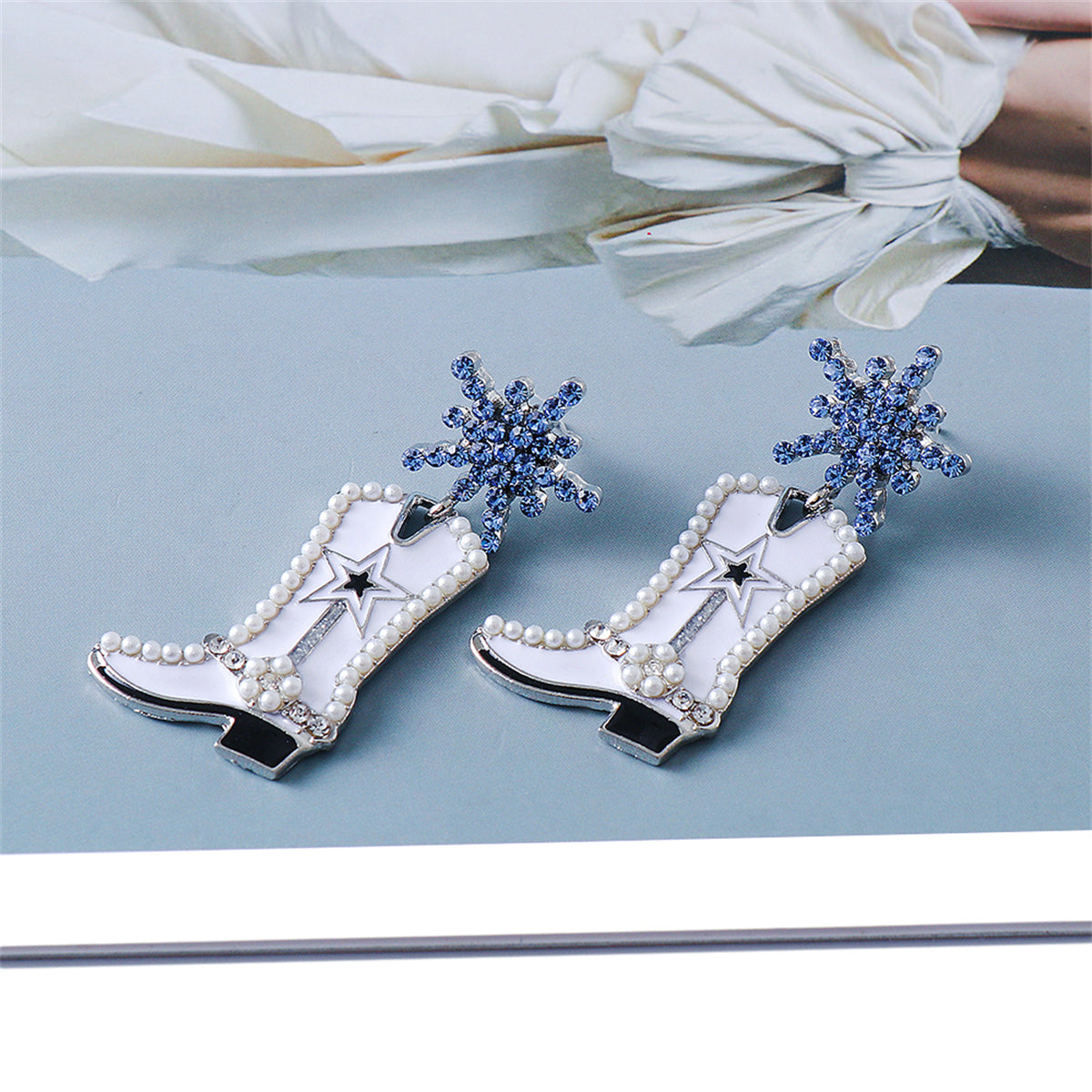 Blue Cubic Zirconia and Pearl Silver-Plated Cowboy Boot Drop Earrings, silver drop earrings for women, front view