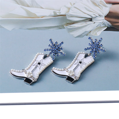 Blue Cubic Zirconia and Pearl Silver-Plated Cowboy Boot Drop Earrings, silver drop earrings for women, front view