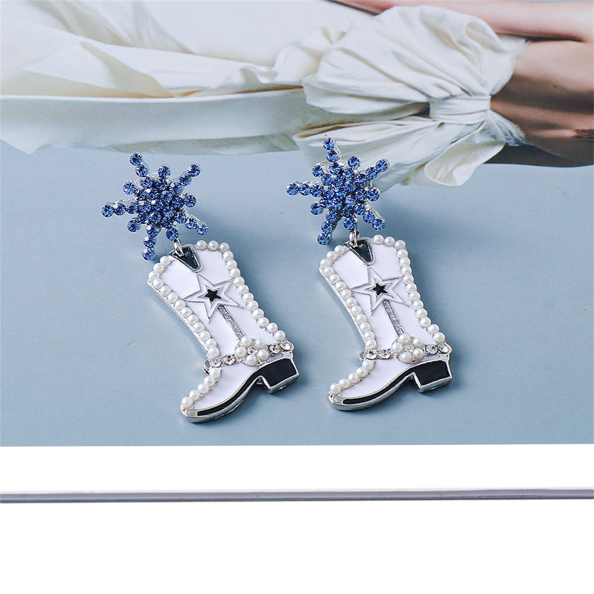 Blue Cubic Zirconia and Pearl Silver-Plated Cowboy Boot Drop Earrings, silver drop earrings for women, lifestyle look