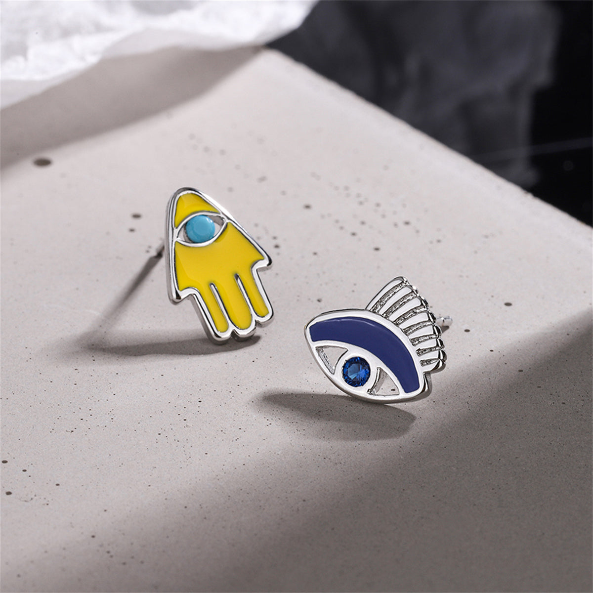 Cubic Zirconia and Silver-Plated Hamsa Eye Stud Earrings, silver stud earrings for women, vintage-inspired design, front view