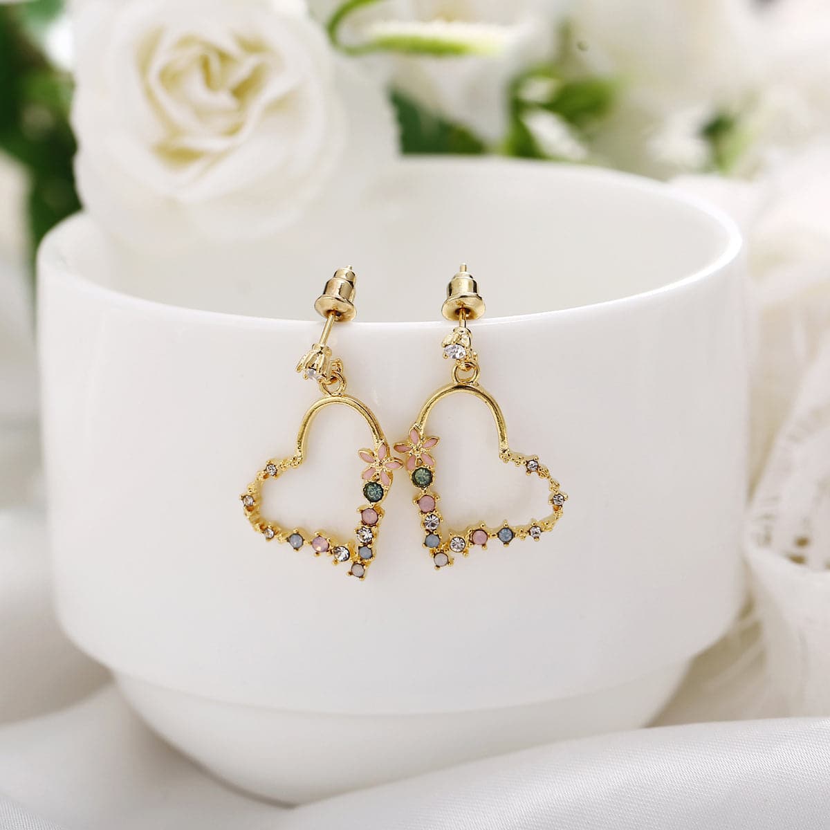 Cubic Zirconia & 18K Gold-Plated Flower Heart Dangle Earrings