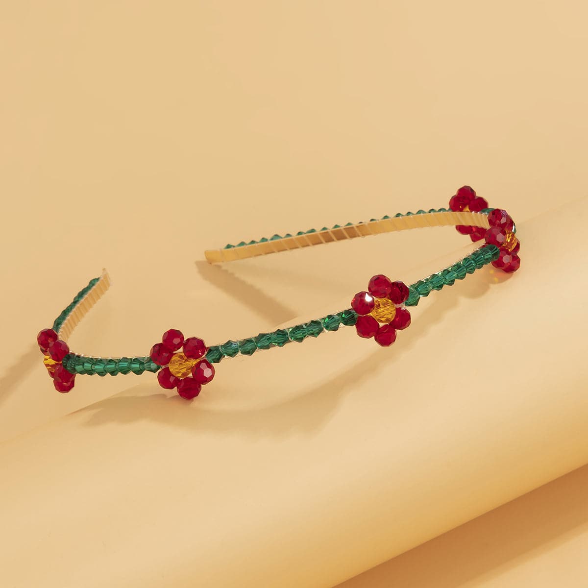 Green and Red Acrylic 18K Gold-Plated Floral Station Headband, everyday style, styled look