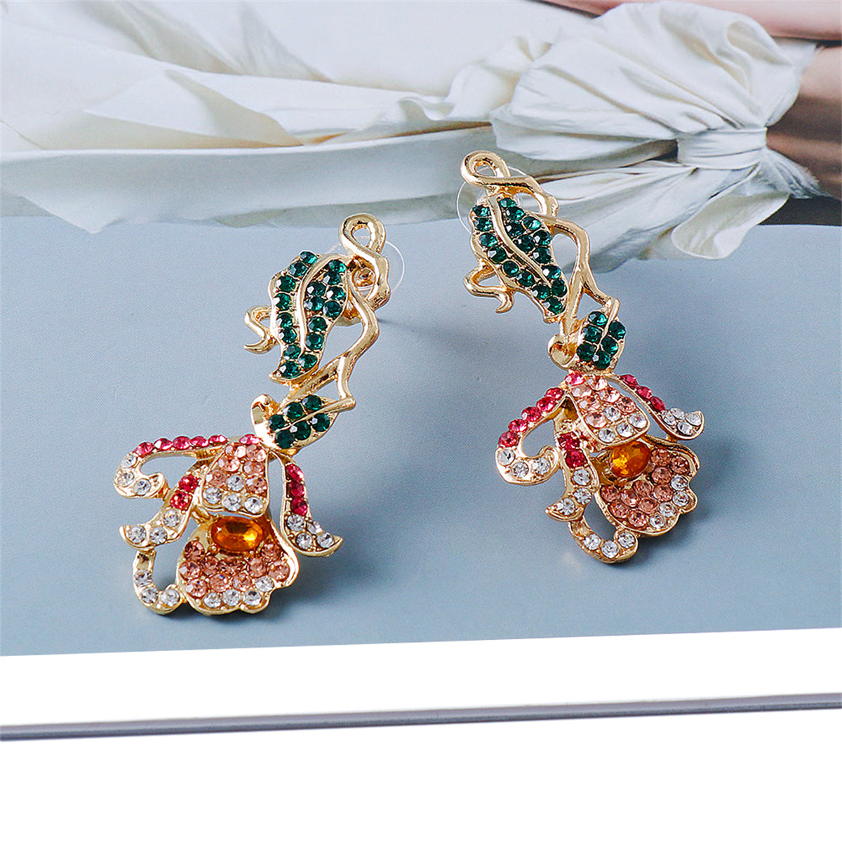 Green Multicolor Cubic Zirconia and 18K Gold-Plated Petunia Drop Earrings, gold drop earrings for women, styled look