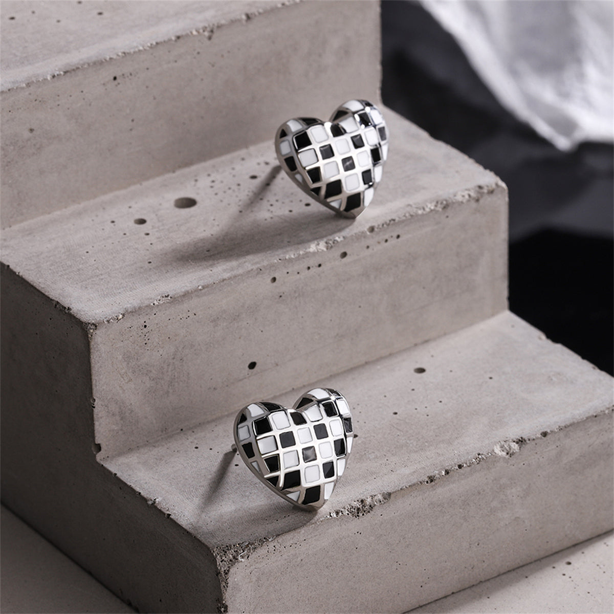 Black and White Checkerboard Heart Stud Earrings, stud earrings for women, dainty minimalist design, lifestyle look