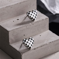 Black & White Checkerboard Heart Stud Earrings